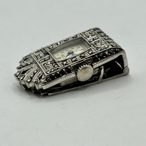Antique Chronex Marcasite & 925 Sterling Silver Fur-Clip Watch - Windup Movement - Picture 2 of 6